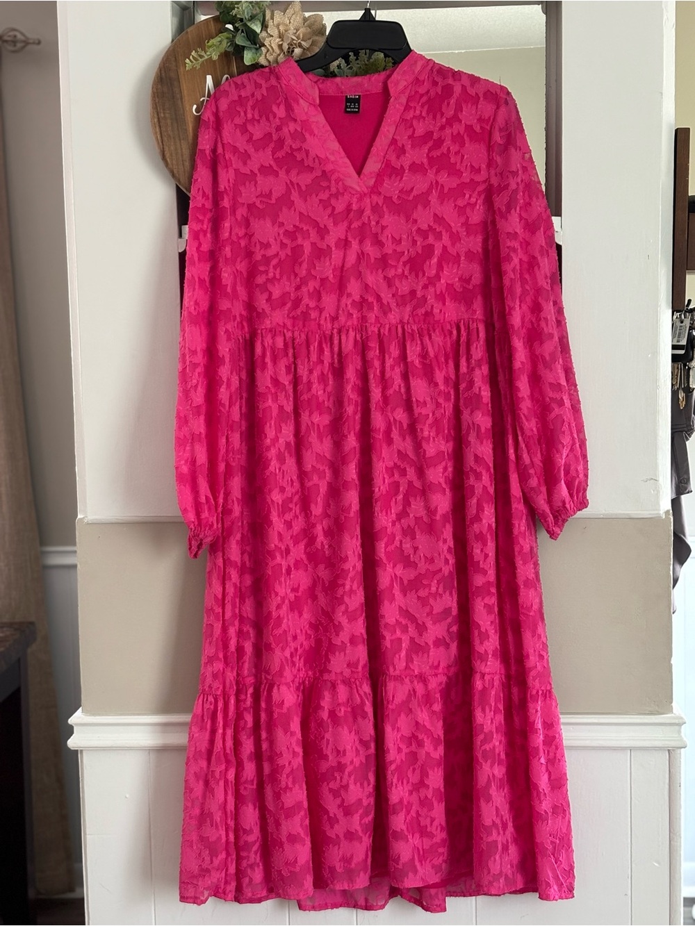 SHEIN Hot Pink Tiered Long Sleeve Dress